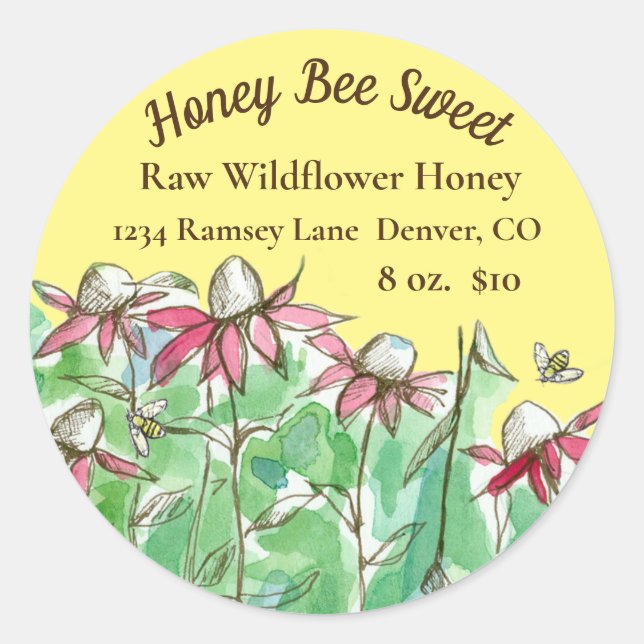 Pink Coneflowers Bees Honey For Sale Classic Round Sticker (Front)