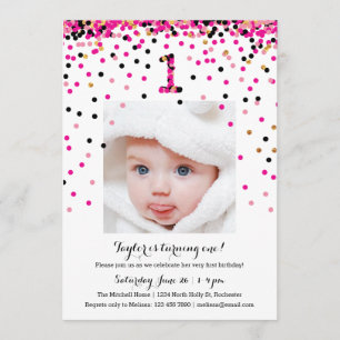 Pink Confetti 1st Birthday Photo Invitations Girl