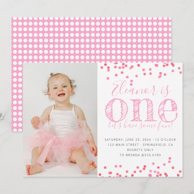 Pink confetti first birthday party photo  invitation (Front/Back)