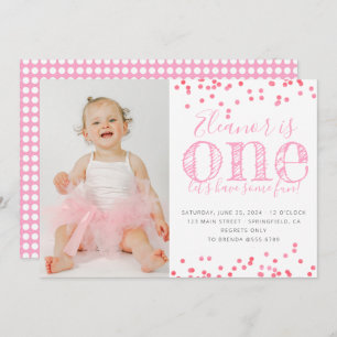 Pink confetti first birthday party photo invitation