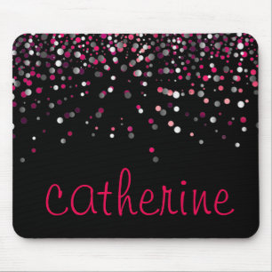 Pink Confetti Glitter Black Faux Foil Glittery Mouse Pad