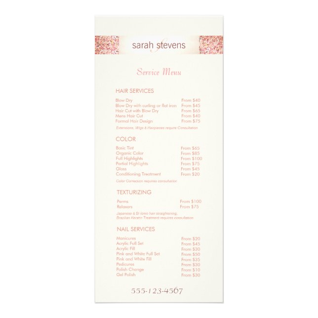 Pink Confetti Glitter Salon Price List Menu (Front)