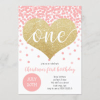 Pink Confetti Gold Heart ONE Girl First Birthday