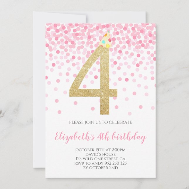 Pink Confetti Party Gold Number Girl 4th Birthday Invitation (Front)