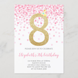 Pink Confetti Party Gold Number Girl 8th Birthday Invitation