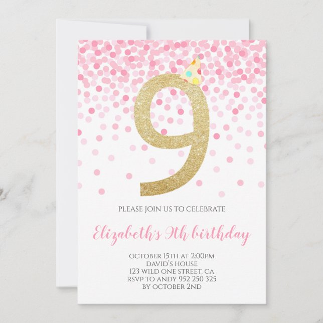 Pink Confetti Party Gold Number Girl 9th Birthday Invitation (Front)