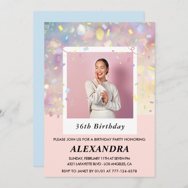 Pink Confetti Photo 36th birthday invitations  (Front/Back)