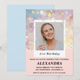 Pink Confetti Photo 41st birthday invitations 
