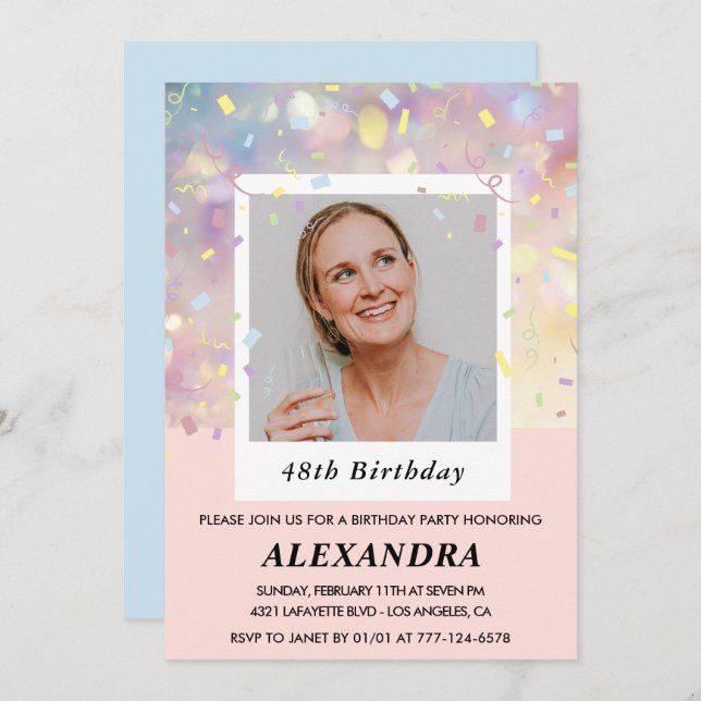 Pink Confetti Photo 48th birthday invitations  (Front/Back)