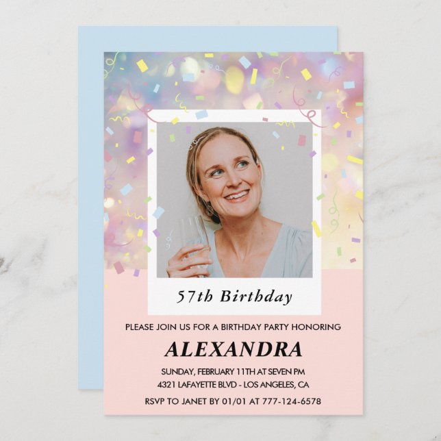 Pink Confetti Photo 57th birthday invitations  (Front/Back)