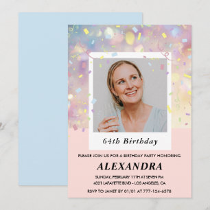 Pink Confetti Photo 64th birthday invitations 