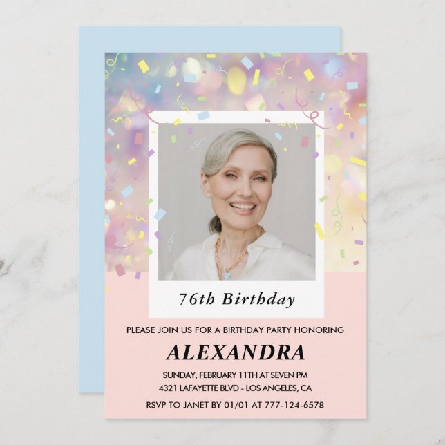 Pink Confetti Photo 76th birthday invitations  (Front/Back)
