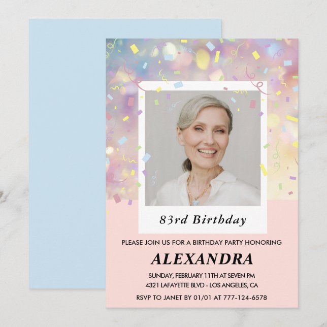 Pink Confetti Photo 83rd birthday Invitation (Front/Back)