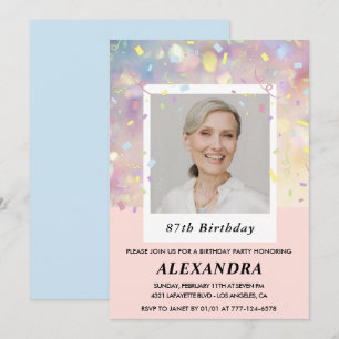 Pink Confetti Photo 87th birthday Invitation
