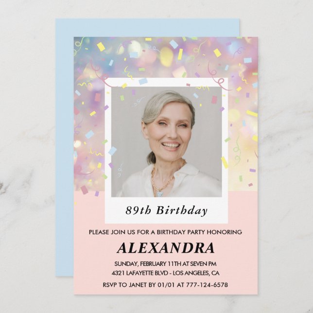 Pink Confetti Photo 89th birthday Invitation (Front/Back)