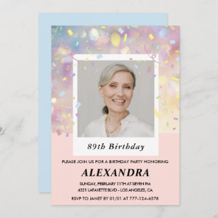 Pink Confetti Photo 89th birthday Invitation