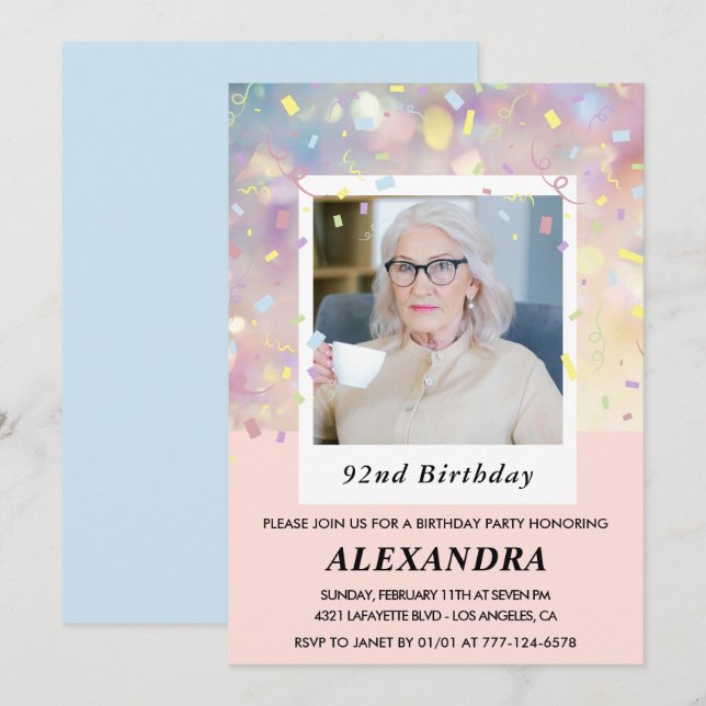 Pink Confetti Photo 92nd birthday Invitation (Front/Back)