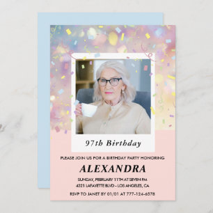 Pink Confetti Photo 97th birthday Invitation