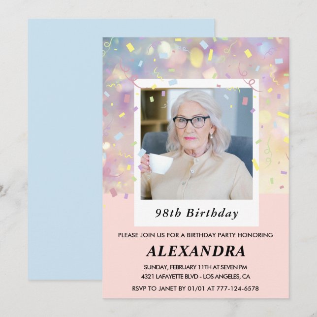 Pink Confetti Photo 98th birthday Invitation (Front/Back)