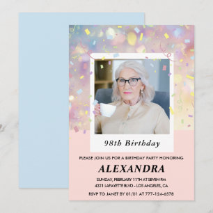 Pink Confetti Photo 98th birthday Invitation