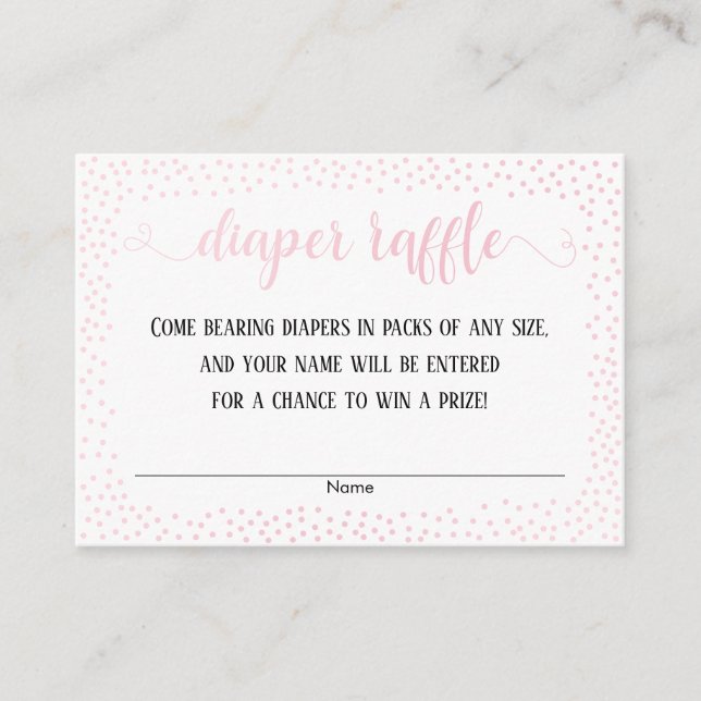 Pink Confetti, Script on White Diaper Raffle Cards (Front)