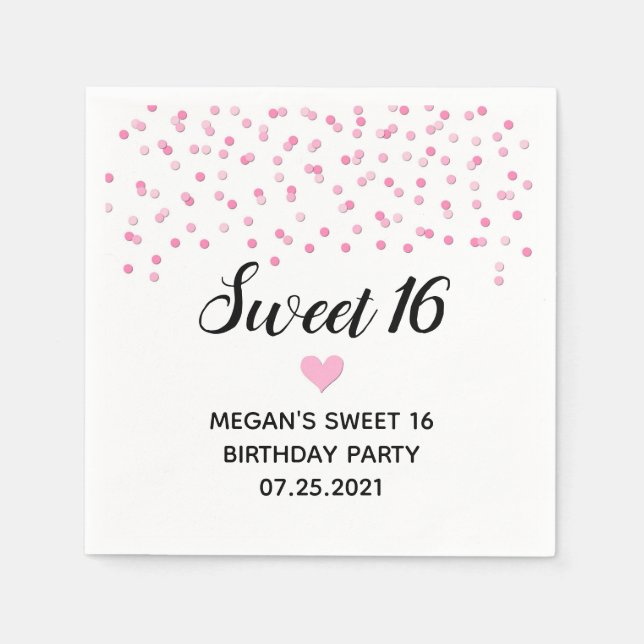 Pink Confetti Sweet 16 Birthday Napkin (Front)