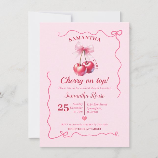 Pink Conquette Bow Cherry on Top Bridal Shower Invitation (Front)