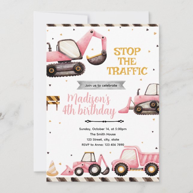 Pink Construction Party Invitation (Front)