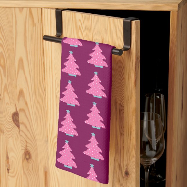 Pink Contemporary Christmas Trees Tea Towel (Thirds Fold)