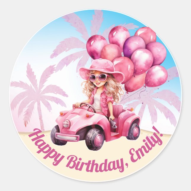 Pink Convertible Beach Birthday Classic Round Sticker (Front)