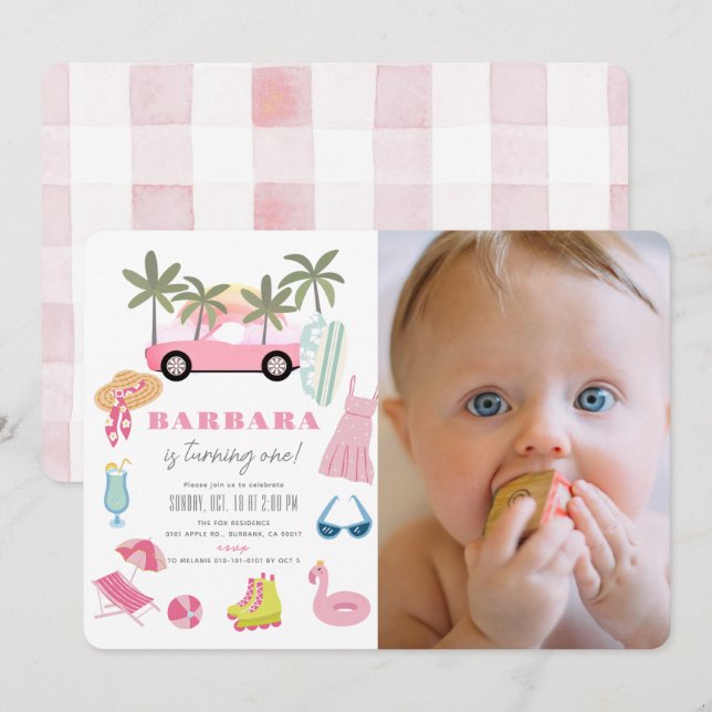 Pink Convertible Palm Tree Girl 1st Birthday Photo Invitation (Front/Back)
