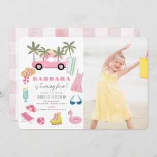 Pink Convertible Palm Tree Girl Birthday Photo Invitation