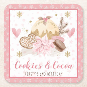 Pink Cookies and Cocoa 2nd Birthday Square Paper Coaster