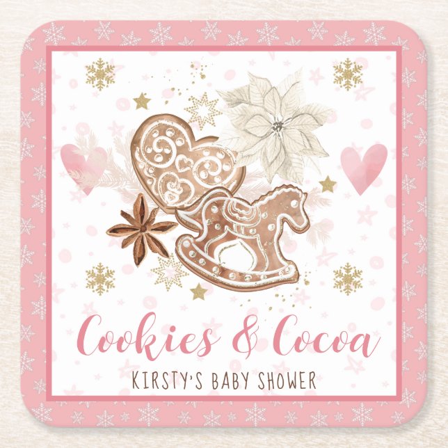 Pink Cookies and Cocoa Baby Shower Square Paper Coaster (Front)
