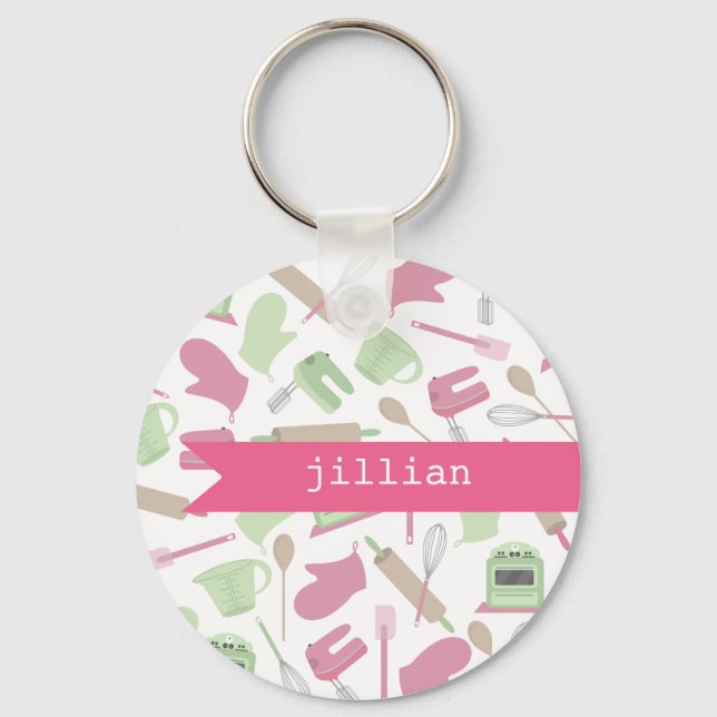 Pink Cooking Themed Personalised Keychain (Front)