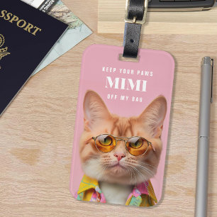 Pink Cool Cat Illustration Glasses Pet Paws Luggage Tag