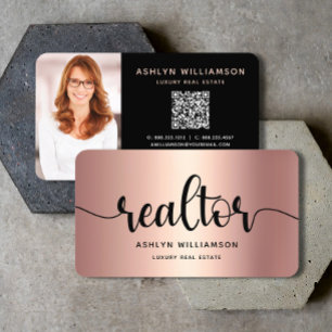 Pink Copper Black Realtor Photo QR Code Broker Business Card