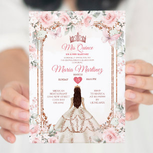 Pink & Copper Gold Flowers Princess Mis Quince Invitation