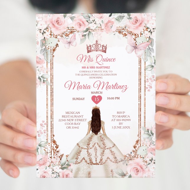 Pink & Copper Gold Flowers Princess Mis Quince Invitation (Creator Uploaded)