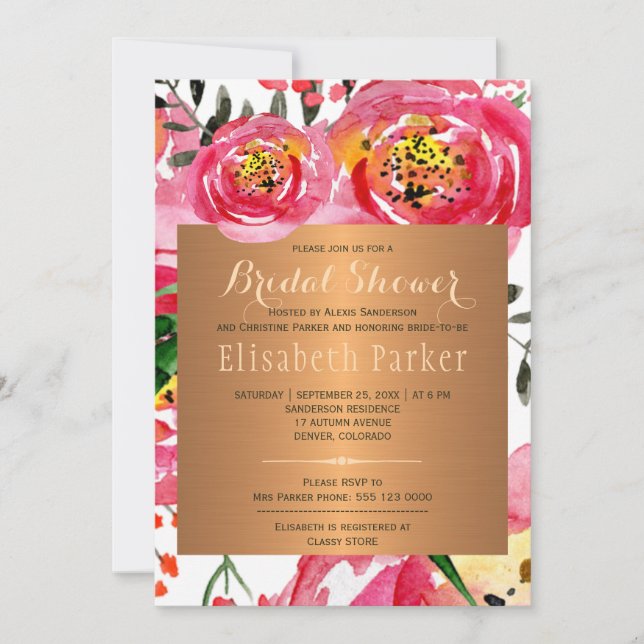 Pink copper peony roses floral bridal shower invitation (Front)