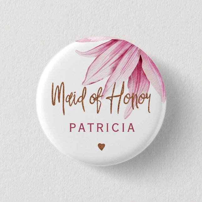 Pink copper script bridal shower maid of honour 3 cm round badge (Front)