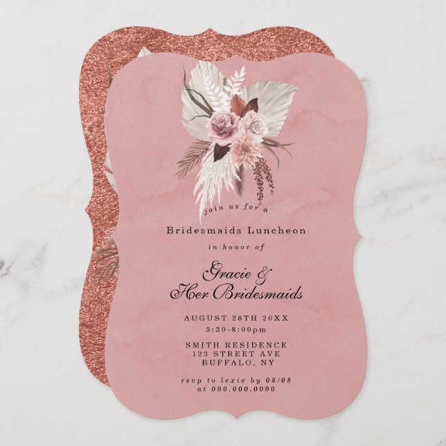 Pink Copper Tropical Bridesmaids Luncheon Invite (Front/Back)