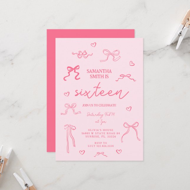 Pink Coquette 16th Birthday Party Invitation (Front/Back In Situ)