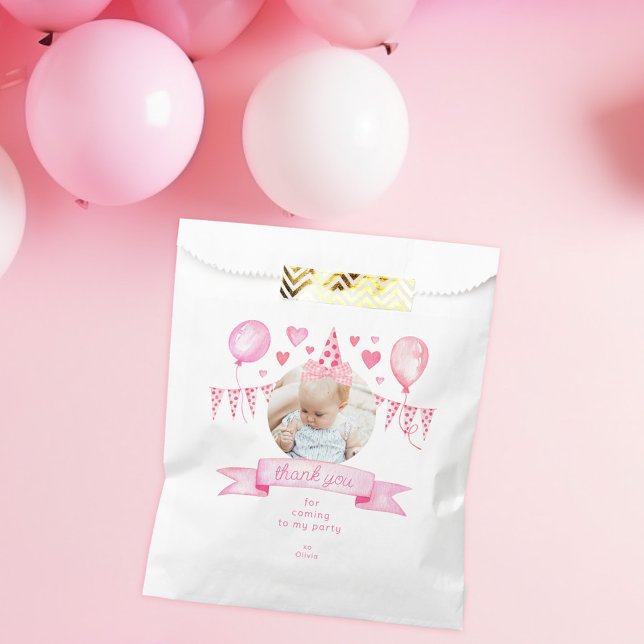 Pink Coquette Baby Girl Bow Birthday Thank You Favour Bags (favor gift bag with custom photo and coquette birthday hat and bow that's movable to fit your design)