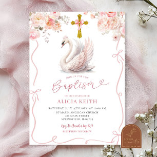 Pink Coquette Baptism Girl Crowned Swan Invitation