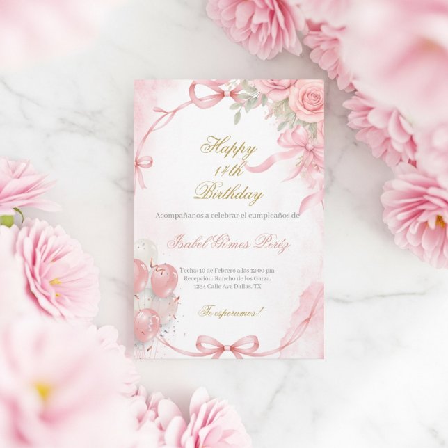 Pink coquette birthday Spanish Invitation (Creator Uploaded)