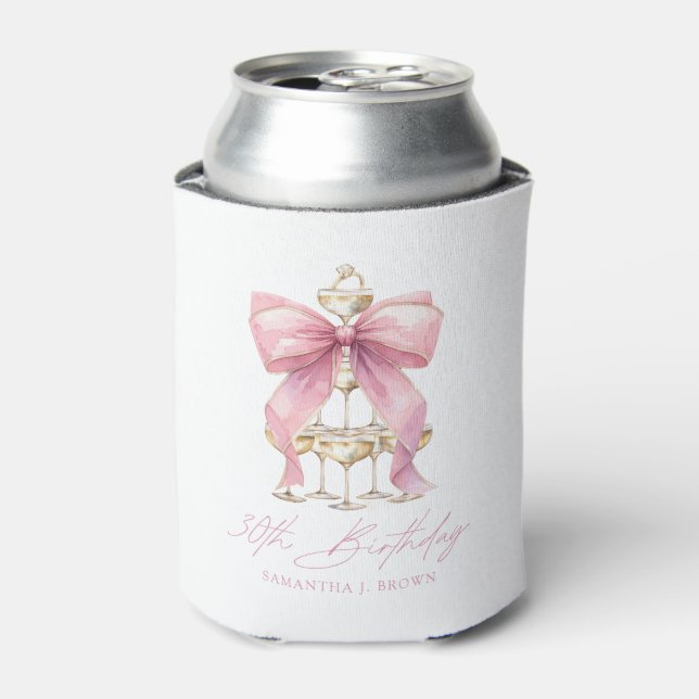 Pink Coquette Bow 30th Birthday Party Can Cooler (Can Front)