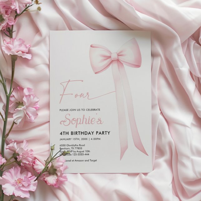 Pink Coquette Bow 4th Birthday Invitation (Creator Uploaded)