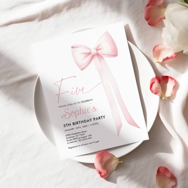 Pink Coquette Bow 5th Birthday Invitation (Creator Uploaded)