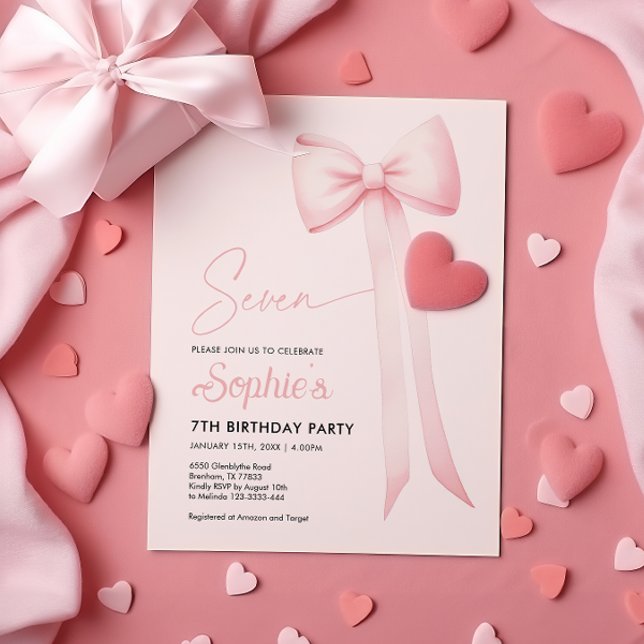 Pink Coquette Bow 7th Birthday Invitation (Creator Uploaded)